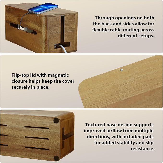 Large Acacia Wood Cable Management Box, Magnetic Lid, Cable Organizer | Ventilated Design, Cord Organizer Power Strip Box with Outlet Covers, Cord Hider for Desk and Floor Cable Storage