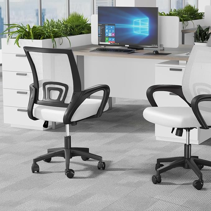 OS MOTOR Ergonomic Mid-Back Mesh Office Chair (White) | Lumbar Support, Adjustable Height, Swivel Rolling Design, Comfy Armrest, Home, Office, Work, Study, Gaming, Vanity