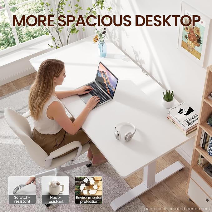 Veken 63" x 28" Super Large Standing Desk, Height Adjustable Electric Computer Desk, Sit to Stand Up, Modern Workstation for Home Office, Walking Pad, Writing, Gaming Bedroom Study, White