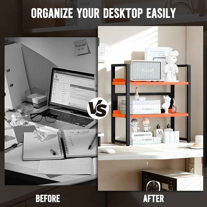 Brakki Desk Shelf Organizer, 2-Tier Desktop Bookshelf, Small Office Shelf | Adjustable Shelf, Metal Desktop Rack for Dorm, with Foot Mat, Multi-Functional Organization, Black and Orange