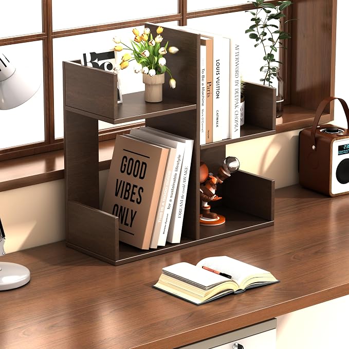 Modern 2-Tier Desk Bookshelf, Short Book Organizer, Display Shelf & Desktop Storage Rack, Space-Saving Desk Bookshelf for Books, Decor & Small Items, Brown