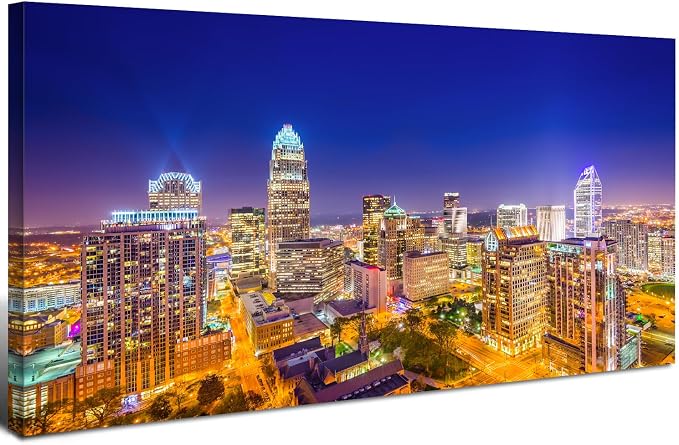 Charlotte Skyline Wall Art North Carolina City Wall Art Decor for Office Living Room Night View Cityscape Canvas Prints Pictures Modern Skyscraper Building Landscape Artwork Home Decoration 20x40"