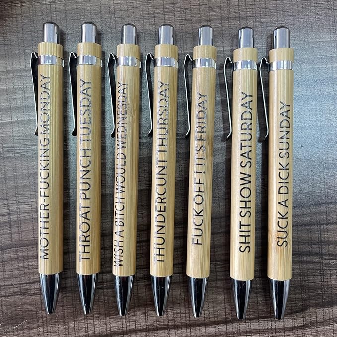 14-Piece Funny Bamboo Pen Set for Sarcastic Souls, Unique Days of The Week Mood Ballpoint Pens with Engraved Humorous Quotes, Excellent Gift for Office, Friends, and Coworkers
