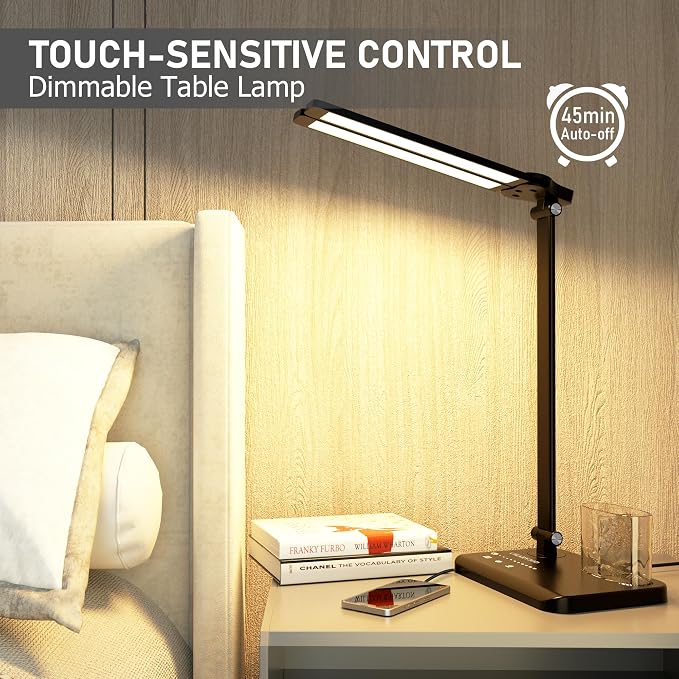 Dimmable LED Desk Lamp with USB Charging Port, 50 Lighting Modes Dual Swing Arm Architect Table Lamp Light Desk Lamp for Home Office Dorm Piano Nail