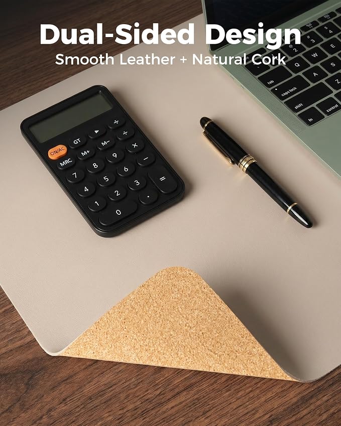 Aothia Dual-Sided Desk Mat, FSC Cork & PU Leather Desk Pad, Large Mouse Pad & Writing Surface for Full Desk Coverage, Non-Slip Waterproof Desk Protector - 47" x 23.6", Cream