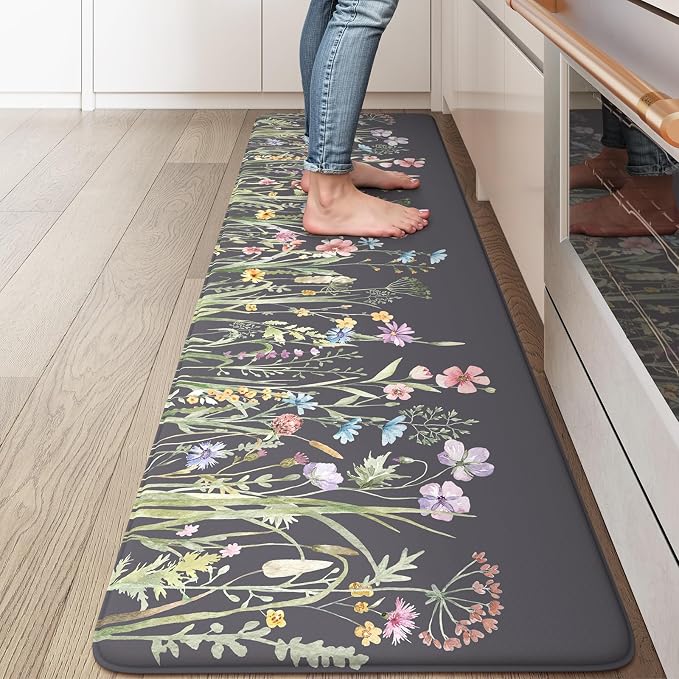 KIMODE Anti Fatigue Kitchen Mat for Floor, Farmhouse Kitchen Runner Rug | Non Slip Cushioned Kitchen Mat for Floor,Memory Foam Kitchen Mat for Laundry,Office,Sink,Dormitory Dark Gray Purple 17.3"x59"