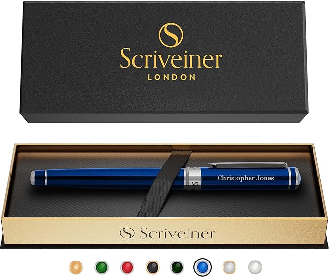 Scriveiner Personalized Midnight Blue Rollerball Pen - Stunning Blue Lacquer Luxury Pen, Chrome Finish, Schmidt Ink Refill, Best Engraved Roller Ball Gift Set for Men & Women, Custom Name Engraving