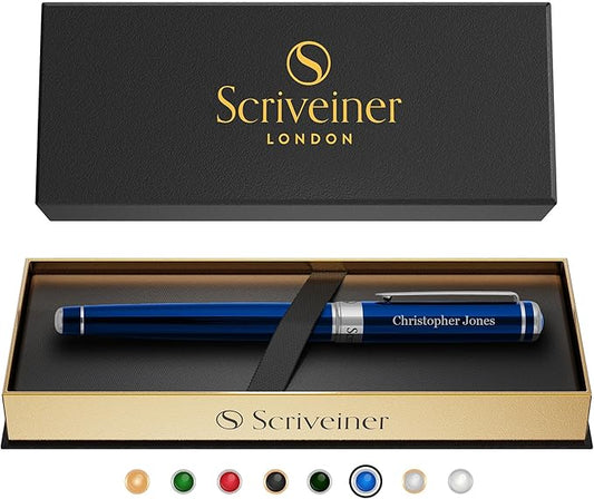 Scriveiner Personalized Midnight Blue Rollerball Pen - Stunning Blue Lacquer Luxury Pen, Chrome Finish, Schmidt Ink Refill, Best Engraved Roller Ball Gift Set for Men & Women, Custom Name Engraving