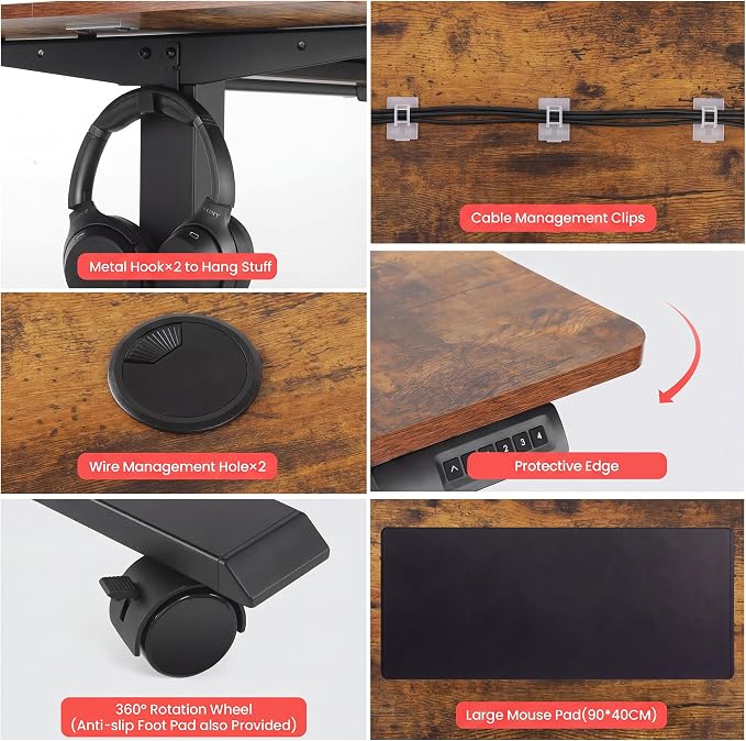 Electric Standing Desk 55 x 24 Inches Adjustable Height Sit Stand Up Desk for Home Office Computer Workstation Memory Preset with Wheels, Brown