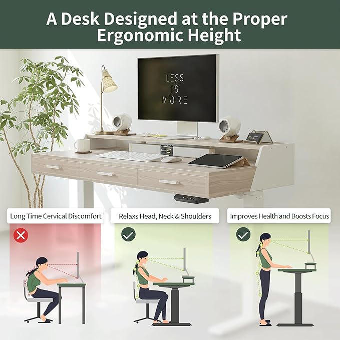 CubiCubi Standing Desk 48x26 Inches with 3 Wood Drawers and Monitor Shelf, Ergonomic Rising Home Office Desks, Height Adjustable Computer Desk, Sit Stand Up Electric Workstation Table, Light Walnut