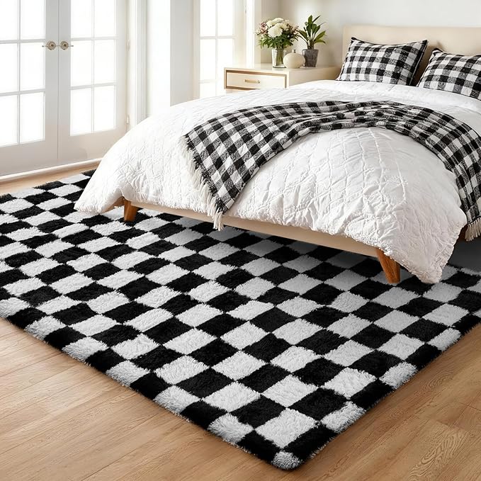 Ophanie Checkered Black & White Rug for Living Room Bedroom,Fluffy Soft Cute Fuzzy Area Rugs,Shag Plush Shaggy Bedside Floor 6x9 Furry Carpet Kids Baby Teen Dorm Decor with Over 99 pcs Pile fibers