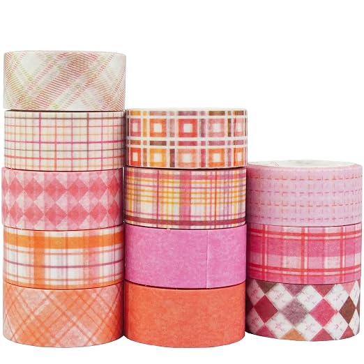 Basic Grid Washi Tape Set 12 Rolls Plaid Decorative Masking Tapes for Arts, DIY Crafts, Journals, Planners, Scrapbook, Wrapping (Pink)