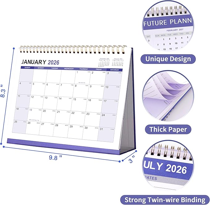 2026 Desk Calendar - Desktop Calendar 2026, Jan. 2026 - Dec. 2026, 12 Months Desk Calendar 2026, Standing Flip Calendar 2026, 9.8" x 8.3", Thick Paper