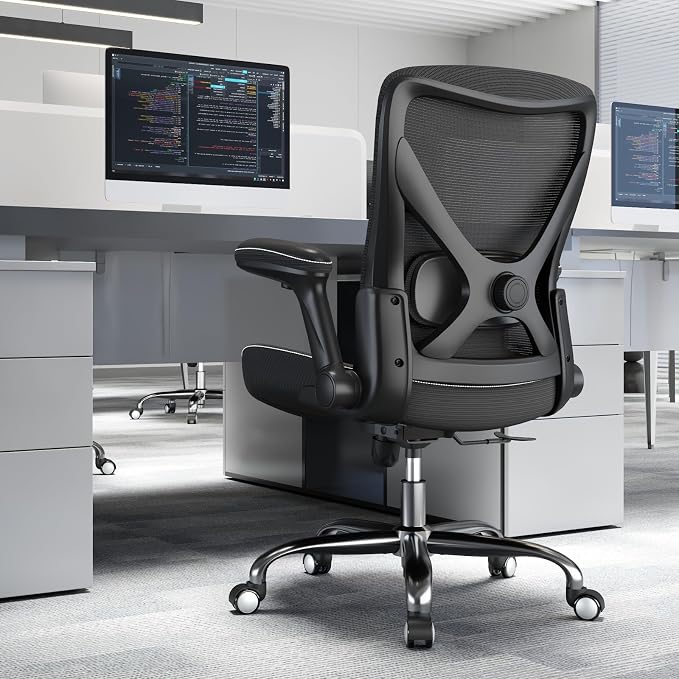 Ergalithic Office Home Ergonomic Desk Chair-Computer X-Shaped Chair Mesh PU Leather with Adjustable Lumbar Support-Executive Chair High Back Flip-Up Arms for Long Hours (Black-No Headrest)