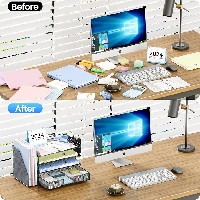 OPNICE Desk Organizer, 4-Tier Desktop File Organizer with Drawer and 2 Pen Holders, Office Desk Accessories, File Sorters, Workspace Organizers for Office Supplies(Black-2pack)
