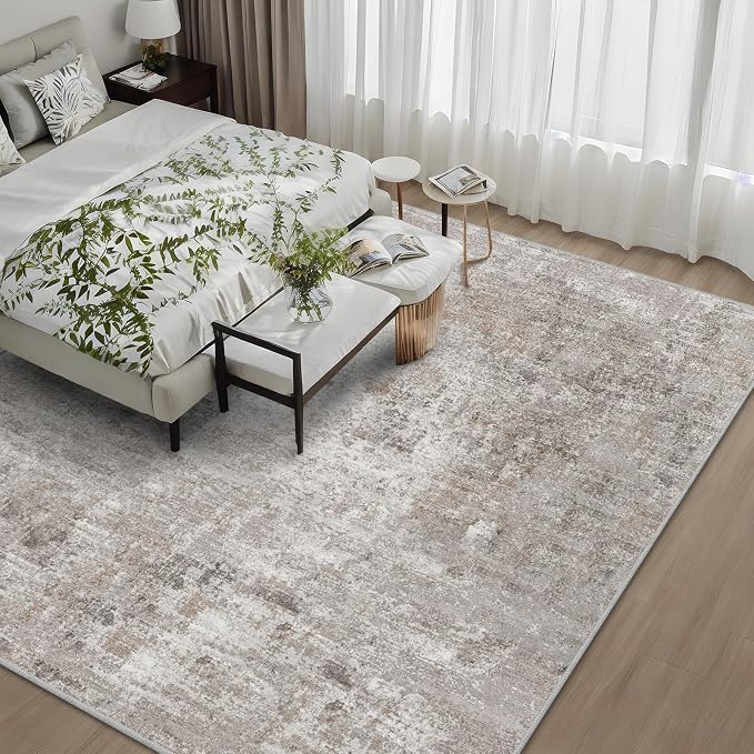 10x10 ft Square Living Room Rug – Washable Modern Abstract Area Rug for Bedroom, Dining Room, Playroom – Neutral Non-Slip Low-Pile Thin Indoor Carpet (Beige Grey)