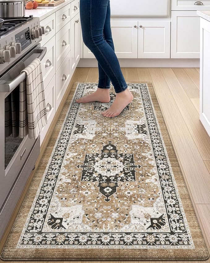 DEXI Kitchen Floor Mats Cushioned Anti Fatigue, 23x59 Rubber Wide Standing Comfort Runner Rug, Waterproof Retro Floral Memory Foam Padded for Front Sink Laundry, Black and Brown