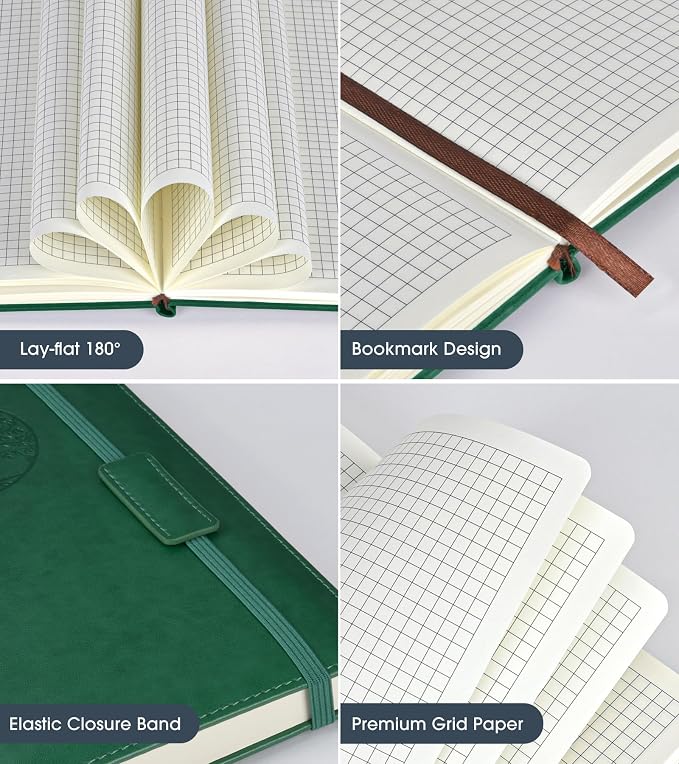 Biuwory Graph Paper Notebook Journal for Women Men,140 Pages Hardcover Grid Notebooks for Work & School,Leather Journals for Writing, Graphing Paper Notebook 5.7"×8.3" (Green)