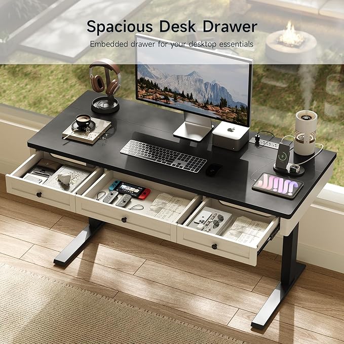 ONBRILL Standing Desk with 3 Drawers, 63 x 24 Inch Electric Height Adjustable Desk with Storage & Outlets, for Computer Workstation, Home Office, Retro Curved Table Corner & Drawers, Black