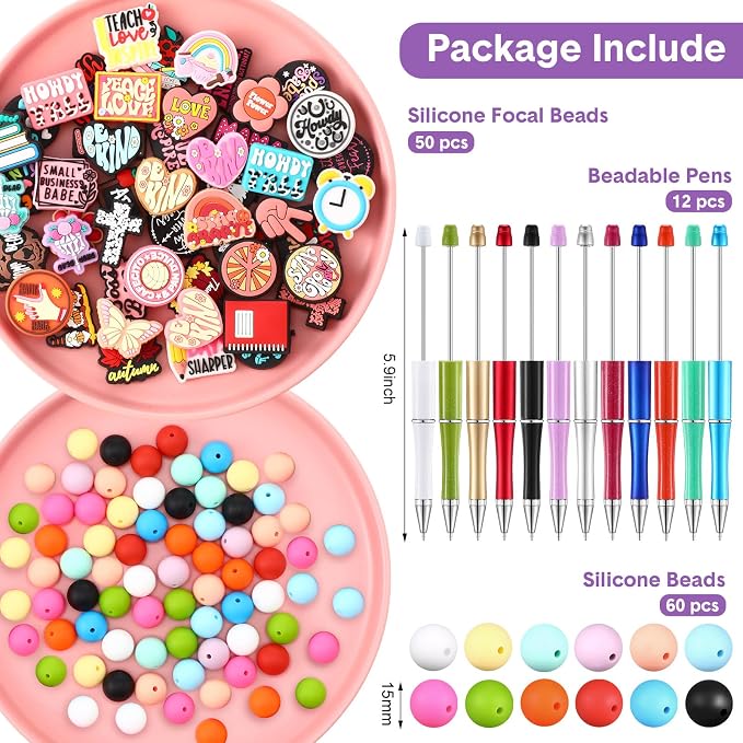 Humyoun 122 Pcs Beadable Pen Kit for DIY Pens Making Back to School Supplies with 12 Beaded Pens 110 Silicone Focal Beads, Black Ink Pen Gift for School Office Students Classroom(Cute Style)