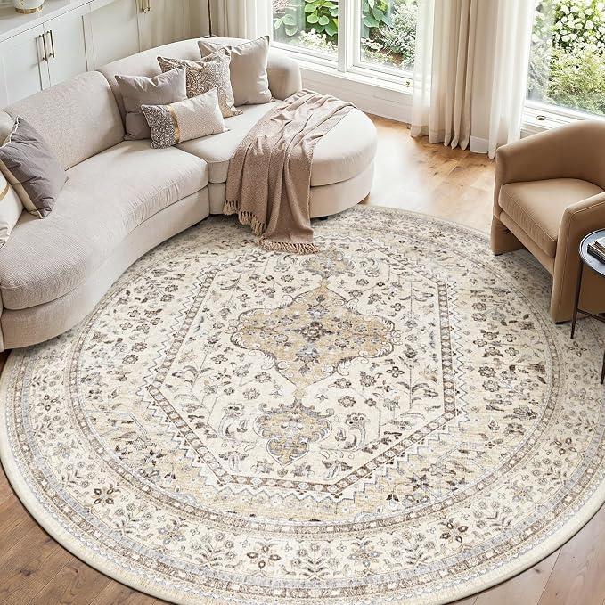 Puino 8FT Round Area Rug: Washable Oriental Circle Rugs Low Pile Soft Carpet with Non Slip Backing for Living Room Vintage Indoor Rug for Bedroom Kitchen Nursery Dining Room Home Office Beige/Gray