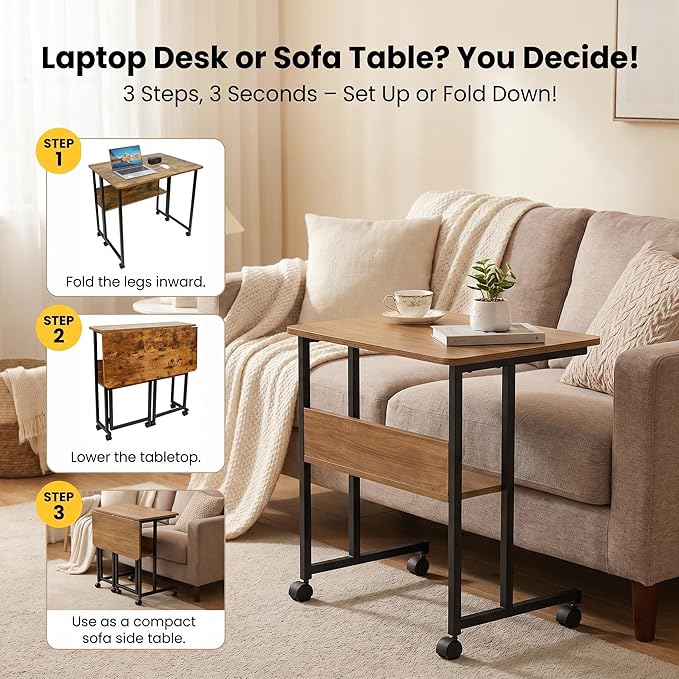 Mobile Foldable Desk w/Wheels and Feet Pads, Foldable Computer Desk, Folding Desk, Small Computer Desk for Small Spaces, Folding Table for Office Bedroom Living Room-Rustic Brown