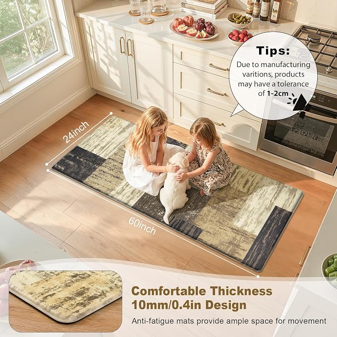 LOKHOM Anti Fatigue Kitchen Mats for Floor, 24x59 Non Slip Modern Cushioned Standing Comfort Kitchen Runner Rug, Waterproof Geometric Patchwork Memory Foam Padded for Sink Laundry Office, Chocolate