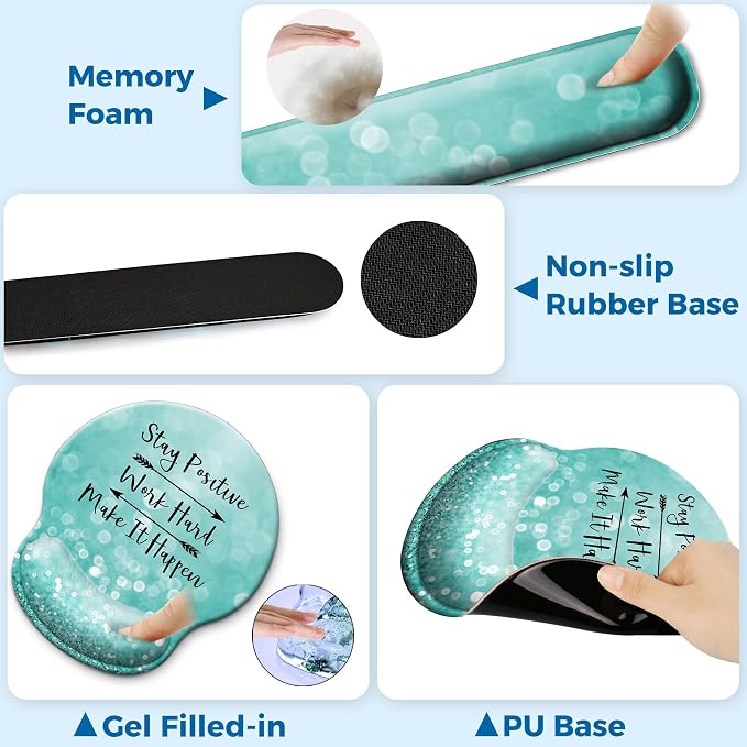 Mouse Pad and Keyboard Wrist Rest Support, with Non-Slip PU Base,Gel Mouse Pad with Coaster,Pain Relief for Gaming, Computer,Office -Pink Bowtie