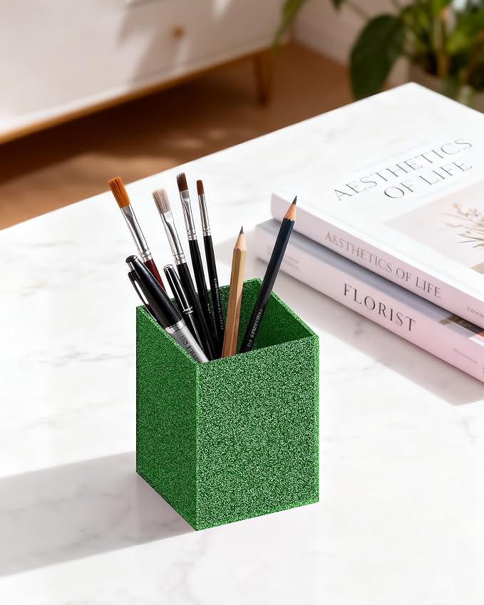 Acrylic Pen Holder Desk Organizer for Office, Green Glitter | Sparkling glitter acrylic makeup brush and pencil holder for desk, Modern desktop organizer for home, school and office