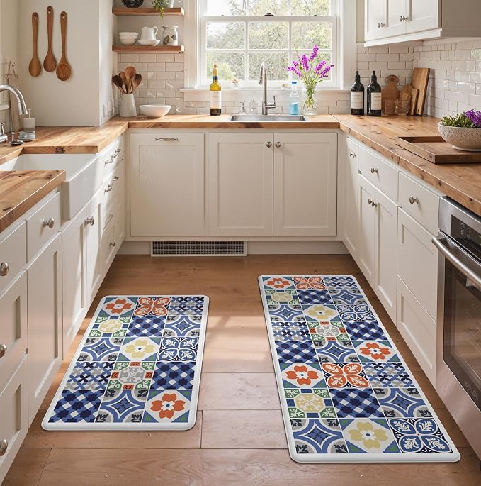 GENIMO Anti Fatigue Kitchen Mats for Floor, Cushioned Non Slip Kitchen Rug, Waterproof Kitchen Floor Mat Runner, Kitchen Mat for Laundry, Sink, Office, Entryway, 20"x48"+20"x32", Blue