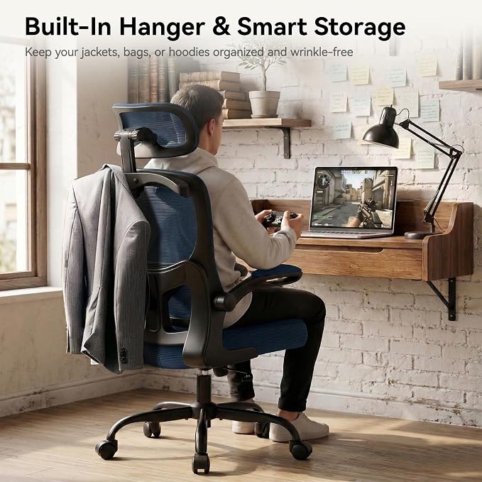 AreShark Office Chair Ergonomic Desk Chairs with Adjustable Lumbar Support& Headrest Hanger, High Back Breathable Mesh Chair with Wheels, Rolling Swivel Comfy Task Computer Chair for Home Work Gaming