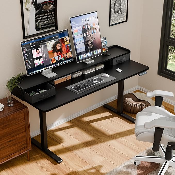 YESHOMY 63" x 23" Electric Standing Desk with 2 Drawers, Height Adjustable Computer Desk, Low Noise Home Office Stand Up Desk with 2 Preset Heights & 2 Hooks, Black