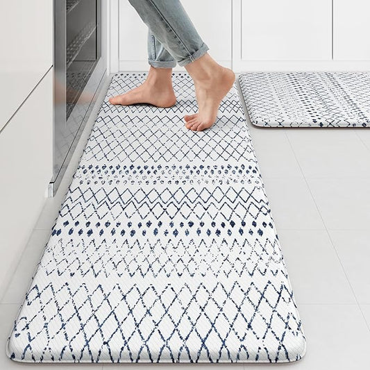 KIMODE Kitchen Mats 2PCS Cushioned Anti Fatigue Boho Kitchen Rugs and Mats Non Slip Waterproof Kitchen Mats for Floor Comfort Foam Standing Desk Mat for Home Office Sink Blue White Laundry Room Decor