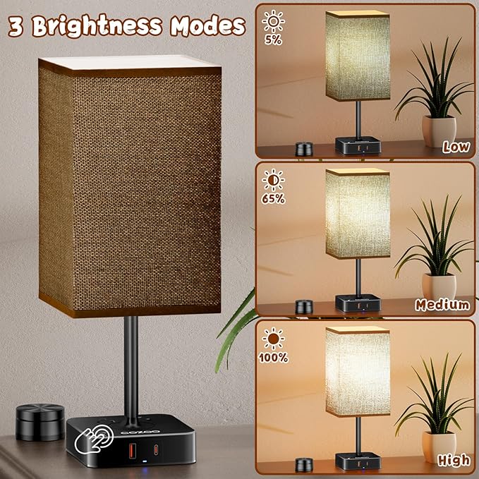 cozoo Bedside Table Lamp for Bedroom, 3 Way Dimmable & Remote Control Stepless Dimming Touch Nightstand Lamp, 2 USB Ports and 2 AC Outlets, Small Desk Light for Living Room, Bed, Study, Brown
