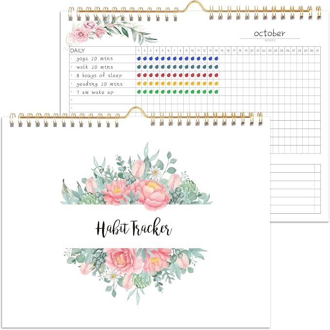 Habit Tracker Calendar - 12 Months Undated Daily Weekly & Monthly Period Habit Tracker Journal, Greenery Floral, Spiral Binding & Hanger, 7.8"x10"