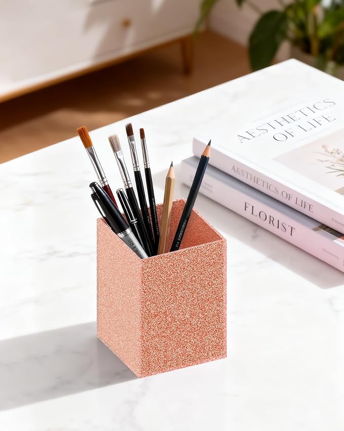 Acrylic Pen Holder Desk Organizer for Office, Light Pink Glitter | Sparkling glitter acrylic makeup brush and pencil holder for desk, Modern desktop organizer for home, school and office