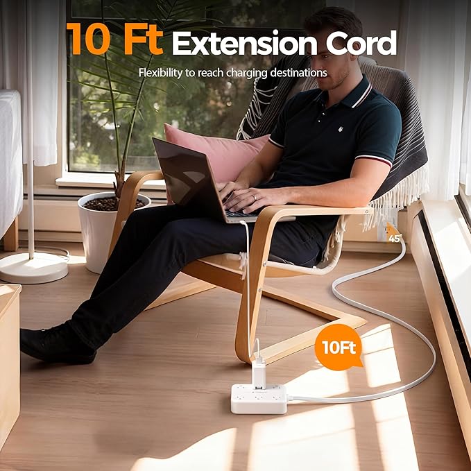 TESSAN 10Ft Grey Extension Cord with Multiple Outlets, Surge Protector Power Strip with 6 Outlets and 4 USB Ports (2 USB C), 2100 Joules Protection, Flat Plug, Outlet Extender for Home, Office, Dorm