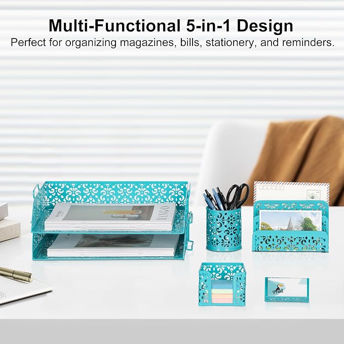 EasyPAG Desk Organizers and Accessories 5 Pieces Office Supplies Set - 2 Tier Paper Tray, Pencil Organizer for Desk, Mail Sorter Countertop, Business Card Holder and Sticky Note Holder, Dark Teal