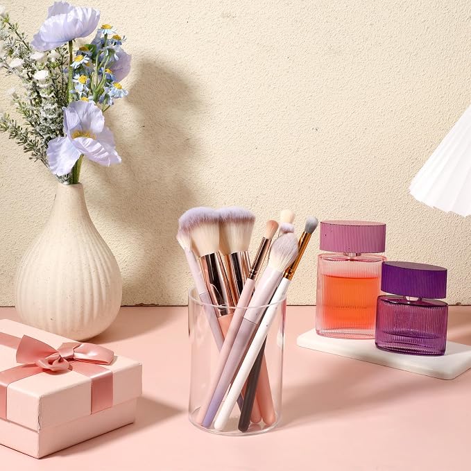 2 Pcs Acrylic Pencil Holders Cup Acrylic Makeup Brush Holder Clear Pen Holder Round Container Clear Brush Container for Home School Office Desk Accessory