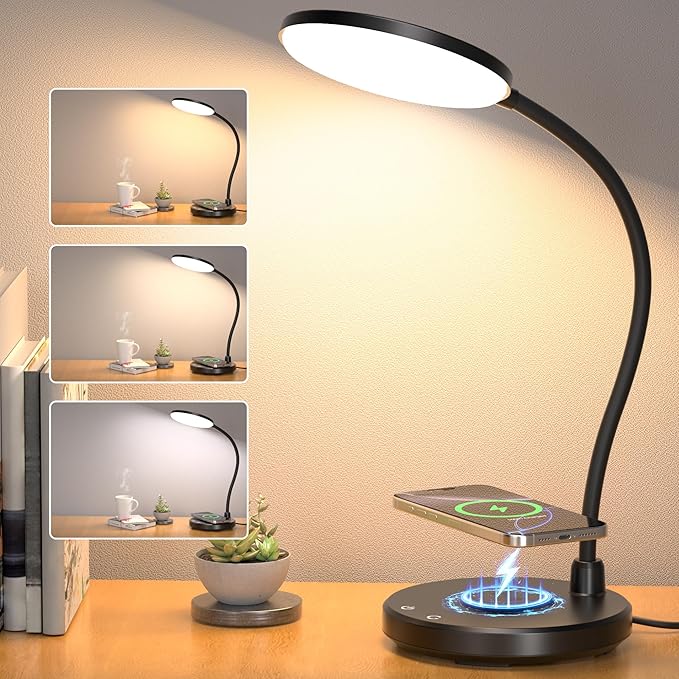 Desk Lamp for Home Office, Small Desk Lamp with Wireless Charger, Dimmable 3 Color Modes Study Lamp, Adjustable Neck 800LM Eye-Caring Desk Light, Bedside, College Dorm, Adapter Included