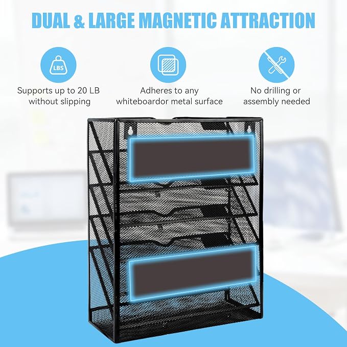 6-Tier Magnetic File Holder Hanging Magnetic File Folder Holder Organizer | Doule-Magnetic, Metal, No Assembly Required Magnetic Mail Paper Organizer for Refrigerator, Whiteboard