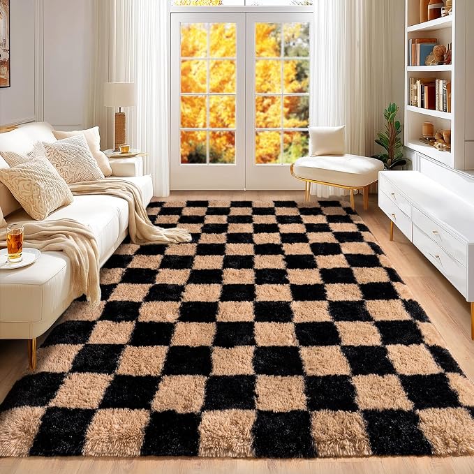 Checkered Rug for Bedroom 5x7, Ultra Fluffy Fuzzy Shag Area Rugs for Living Room, Anti-Skid Indoor High Pile Soft Rug Carpet for Living Room Bedroom Kids Room Nursery, Dorm Home Decor, Black & Beige