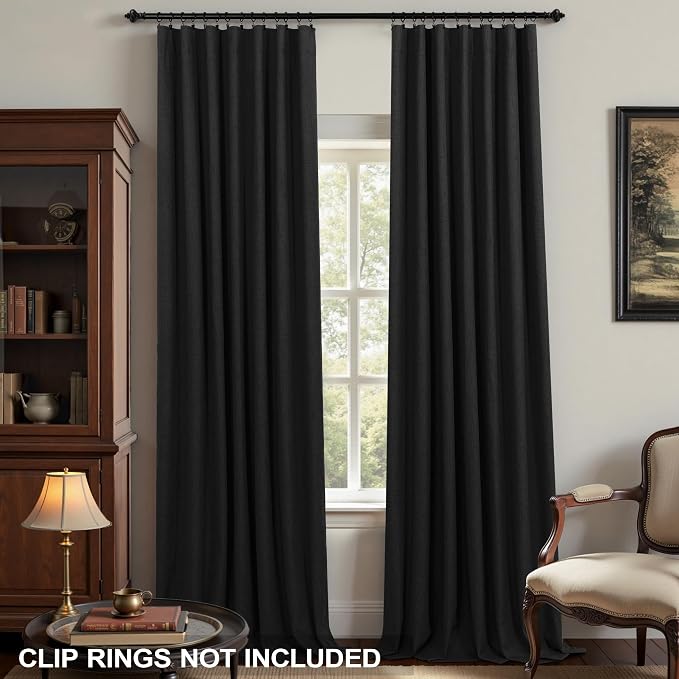 KOUFALL Black Back Tab Linen Blackout Curtains for Living Room 52x108 Inch Length