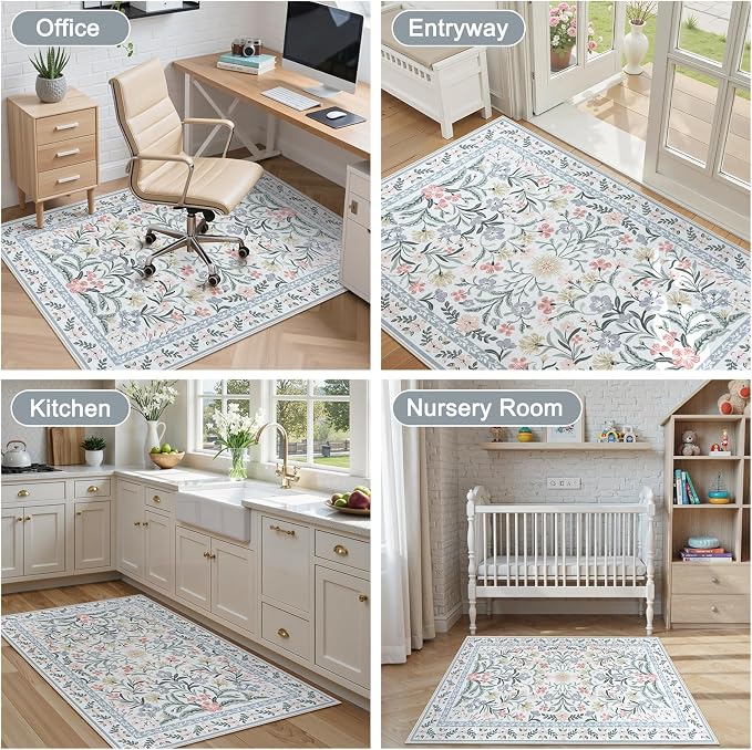 Anidaroel Office Chair Mat for Hardwood Floor/Tile Floor, 48"x60" Boho Floral Computer Chair Mats, Anti-Slip Beige Under Desk Rug for Office Home, Low Pile Floor Protector for Rolling Chair