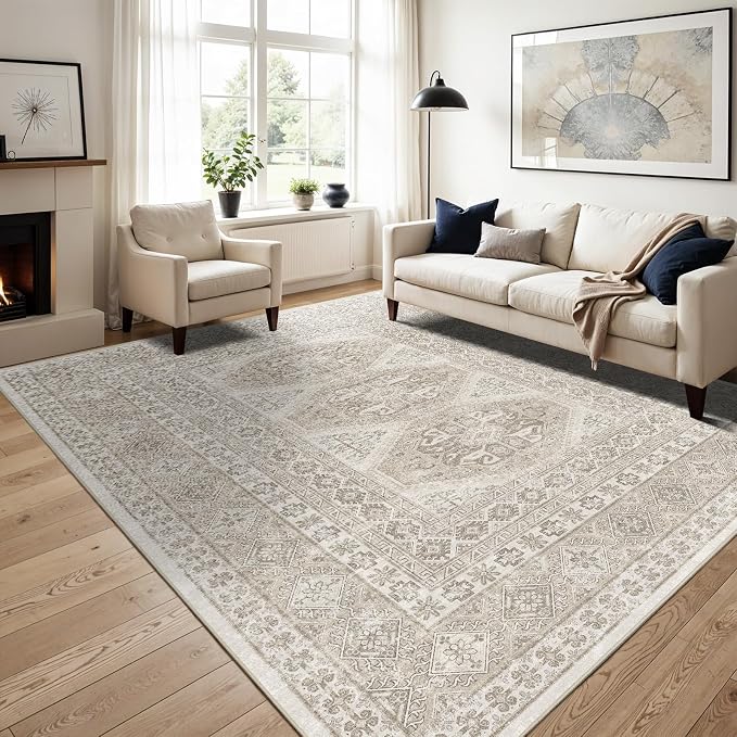 12x15 Area Rug for Living Room: Vintage Oriental Washable Rug for Bedroom Dining Room with Non Slip Rubber Backing Stain Resistant Low Pile Large Carpet Home Office (Beige, 12x15)