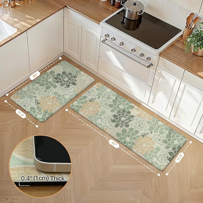 GENIMO Anti Fatigue Kitchen Mats for Floor 2PCS, Cushioned Standing Mats | 17.3"x47"&17.3"x30", Green vintage floral rug set, waterproof, non slip, easy-clean for farmhouse