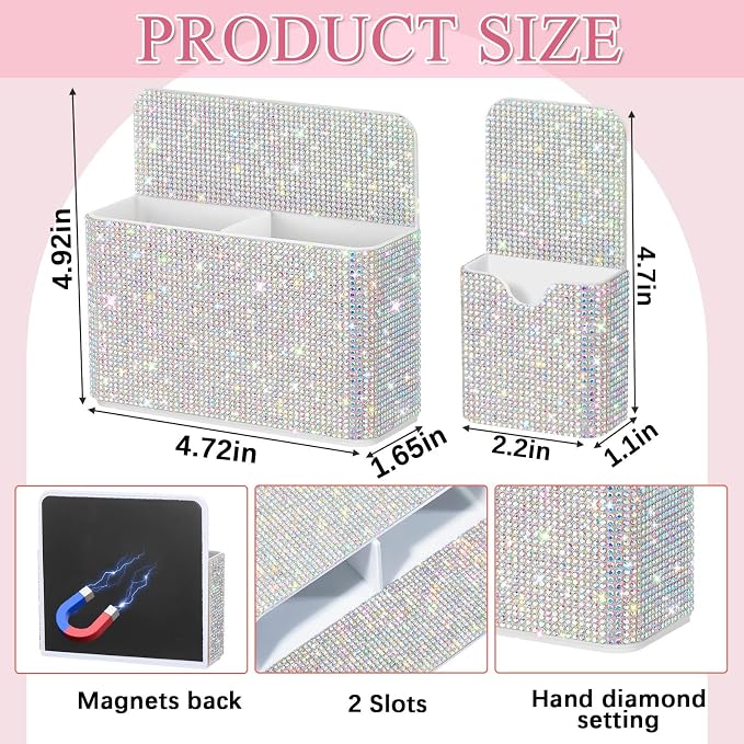 MotiMind 2 Pcs AB Color Bling Magnetic Marker Holder Women Girl Locker Accessories Marker Pen Pencil Holder for Refrigerator Whiteboard Sparkly Gift Desk Organizer for School Office (Rhinestone)