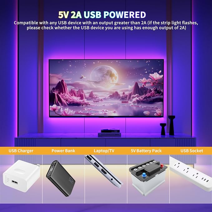 PAUTIX 5V USB COB RGB LED Strip Light 9.84ft/3m Color Changing Light Strips,TV Backlight Multicolor Flexible Under Cabinet Tape Lights with Bluetooth Control for Bedroom,Kitchen,Home DIY Lighting