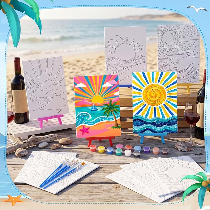 Blosssound 10 Set Pre Printed Sunrise Canvas Pre Drawn Canvas Painting with Easel Kits 5" x 7" Outline Painting Panels for Beginners, DIY Craft Project, Party Favor, Home Decors