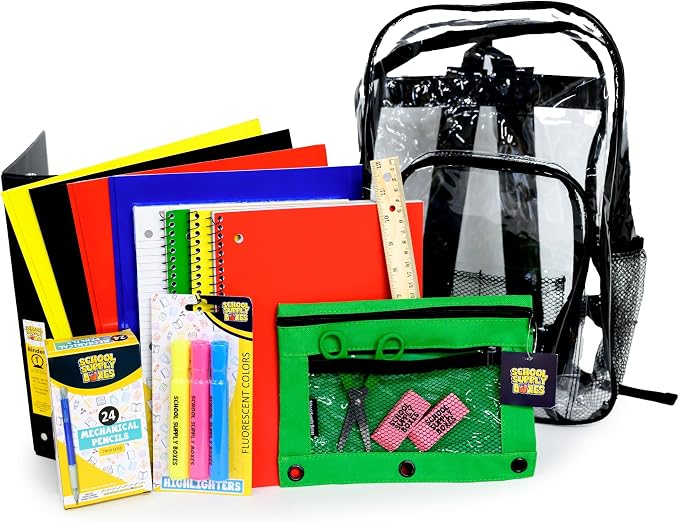 School Supply Boxes | 17" Clear Backpack Bundle Pallet (180 Backpacks) for High School | Back to School Bookbag with Supplies | Pencil Pouch, Notebooks, Filler Paper, Folders & More